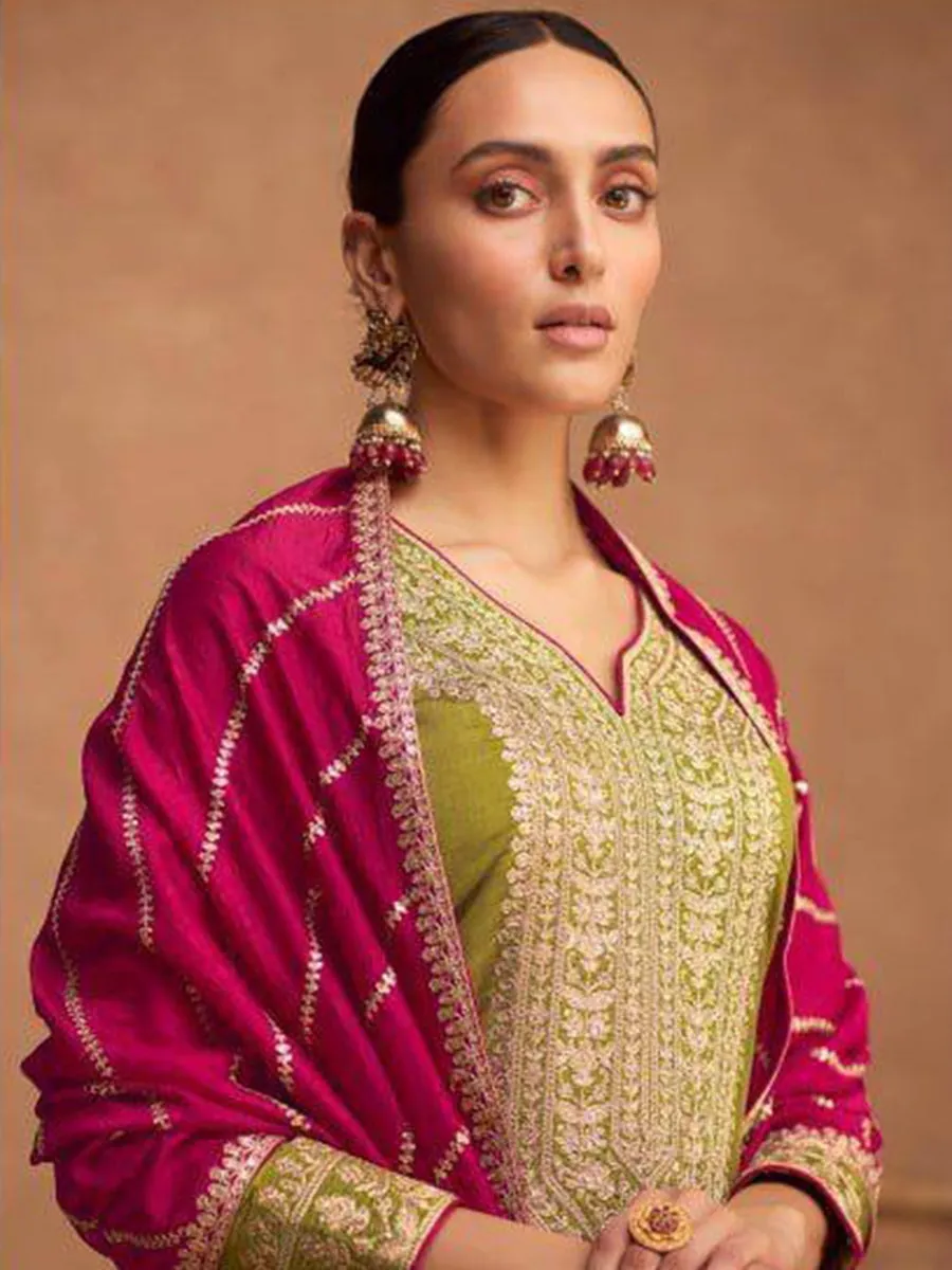 Olive Premium Silk Embroidery Anarkali With Dupatta Set