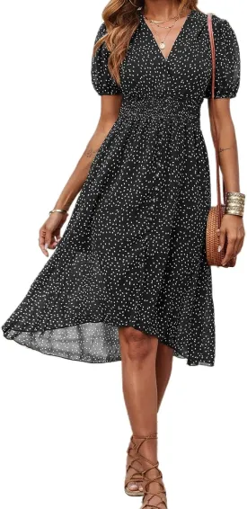 PRETTYGARDEN Women's Floral Wrap V-Neck Midi Dress Short Sleeve Boho Summer Beach Long Dress High Low Hem Smocked Dress Women