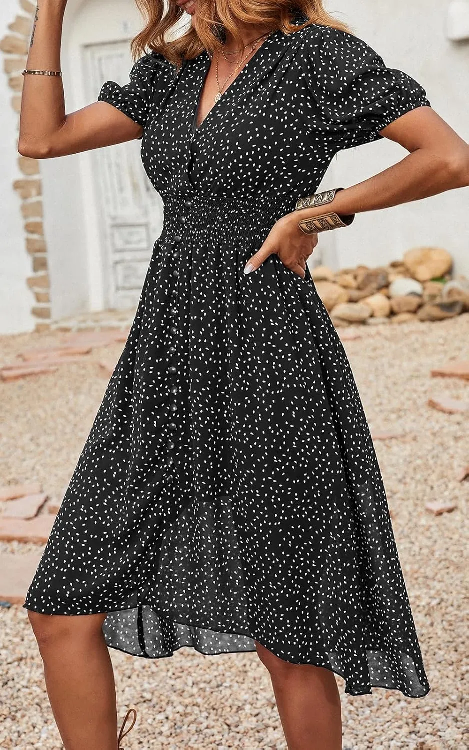 PRETTYGARDEN Women's Floral Wrap V-Neck Midi Dress Short Sleeve Boho Summer Beach Long Dress High Low Hem Smocked Dress Women