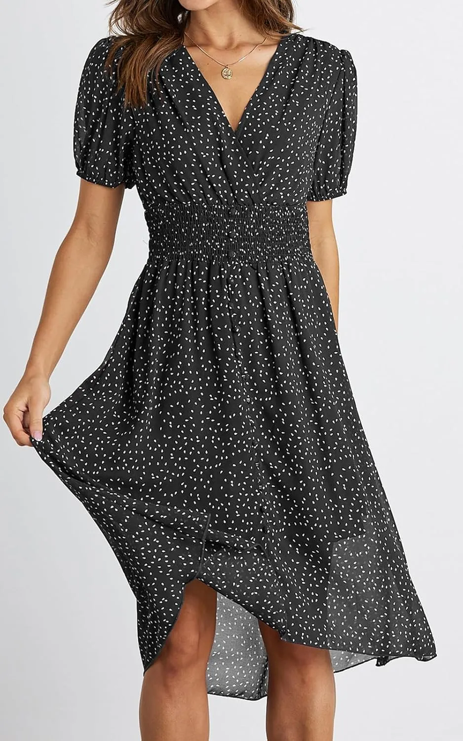 PRETTYGARDEN Women's Floral Wrap V-Neck Midi Dress Short Sleeve Boho Summer Beach Long Dress High Low Hem Smocked Dress Women