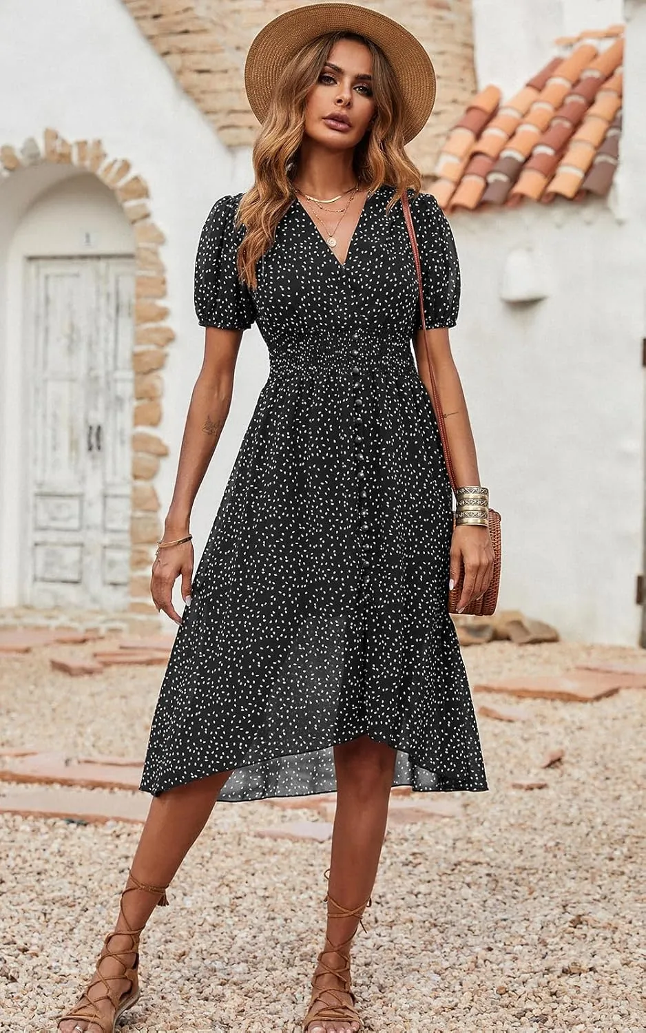 PRETTYGARDEN Women's Floral Wrap V-Neck Midi Dress Short Sleeve Boho Summer Beach Long Dress High Low Hem Smocked Dress Women