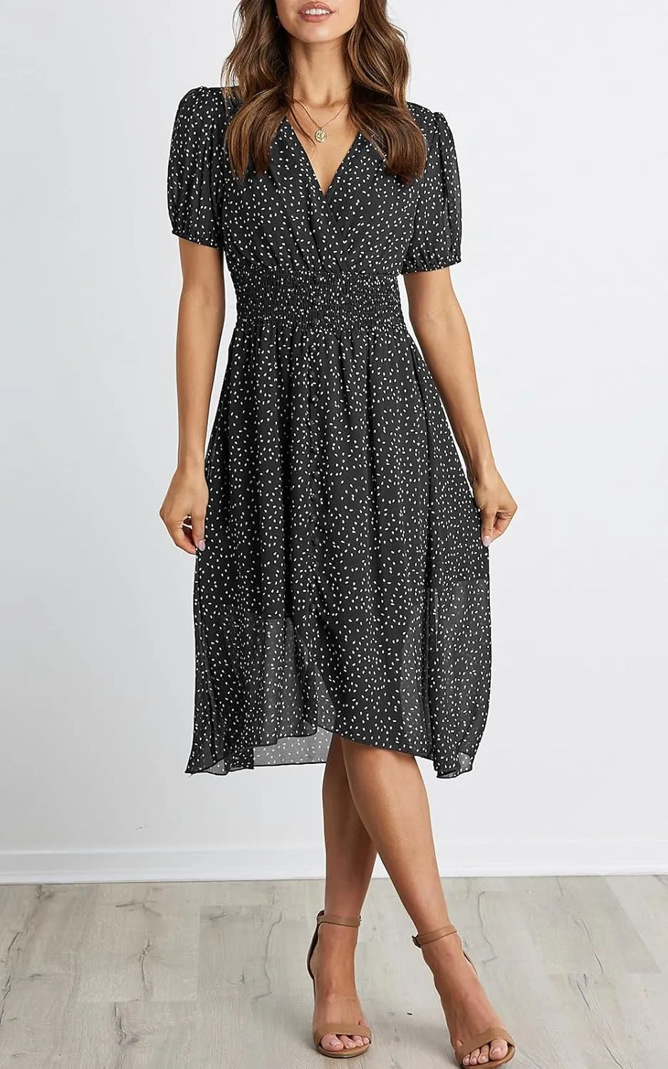 PRETTYGARDEN Women's Floral Wrap V-Neck Midi Dress Short Sleeve Boho Summer Beach Long Dress High Low Hem Smocked Dress Women