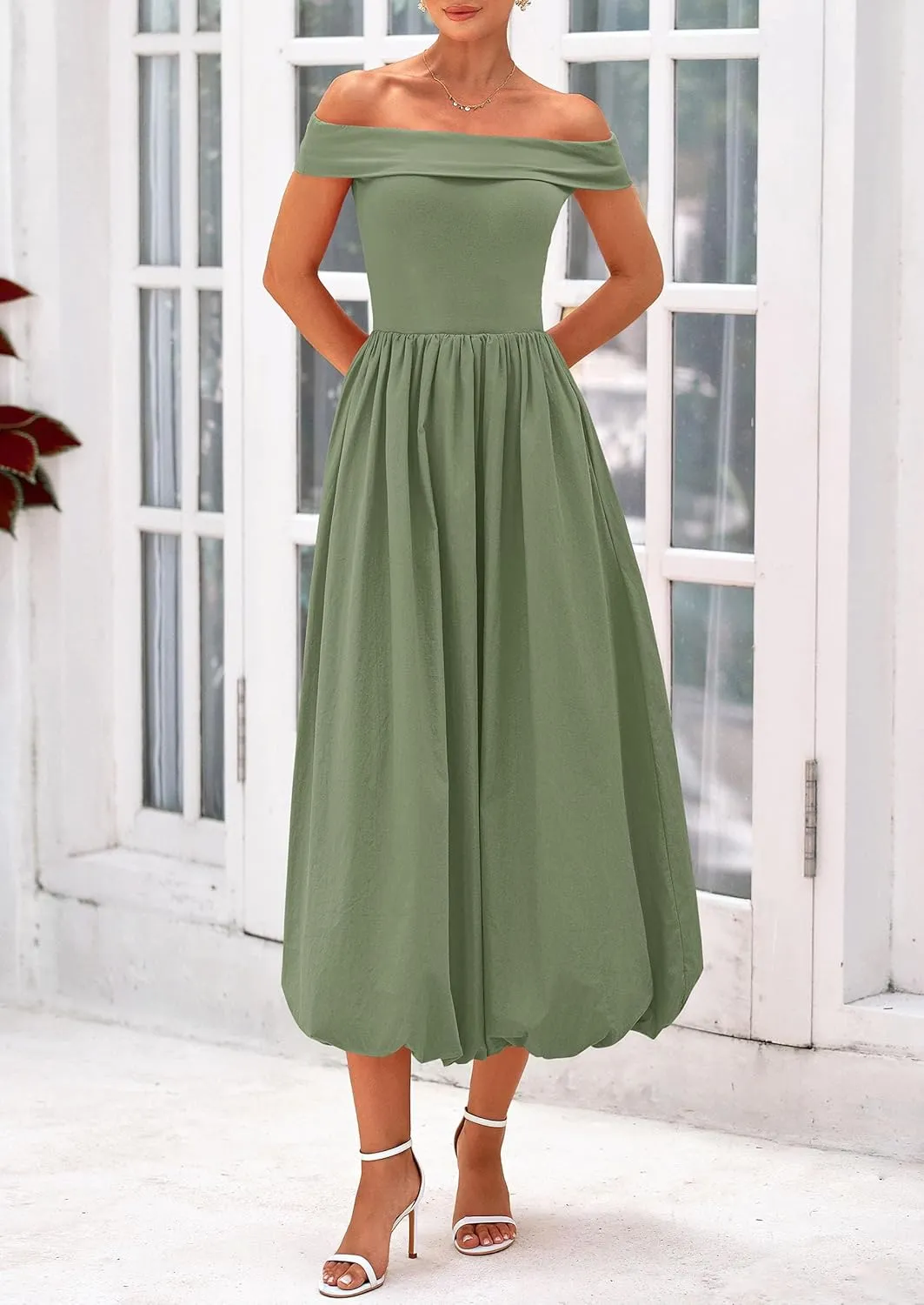 PRETTYGARDEN Womens Summer Off Shoulder Sleeveless Midi Dress Cocktail A Line Flowy Wedding Guest Dresses with Pockets