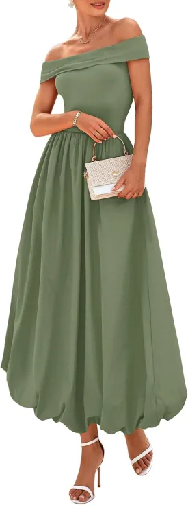 PRETTYGARDEN Womens Summer Off Shoulder Sleeveless Midi Dress Cocktail A Line Flowy Wedding Guest Dresses with Pockets