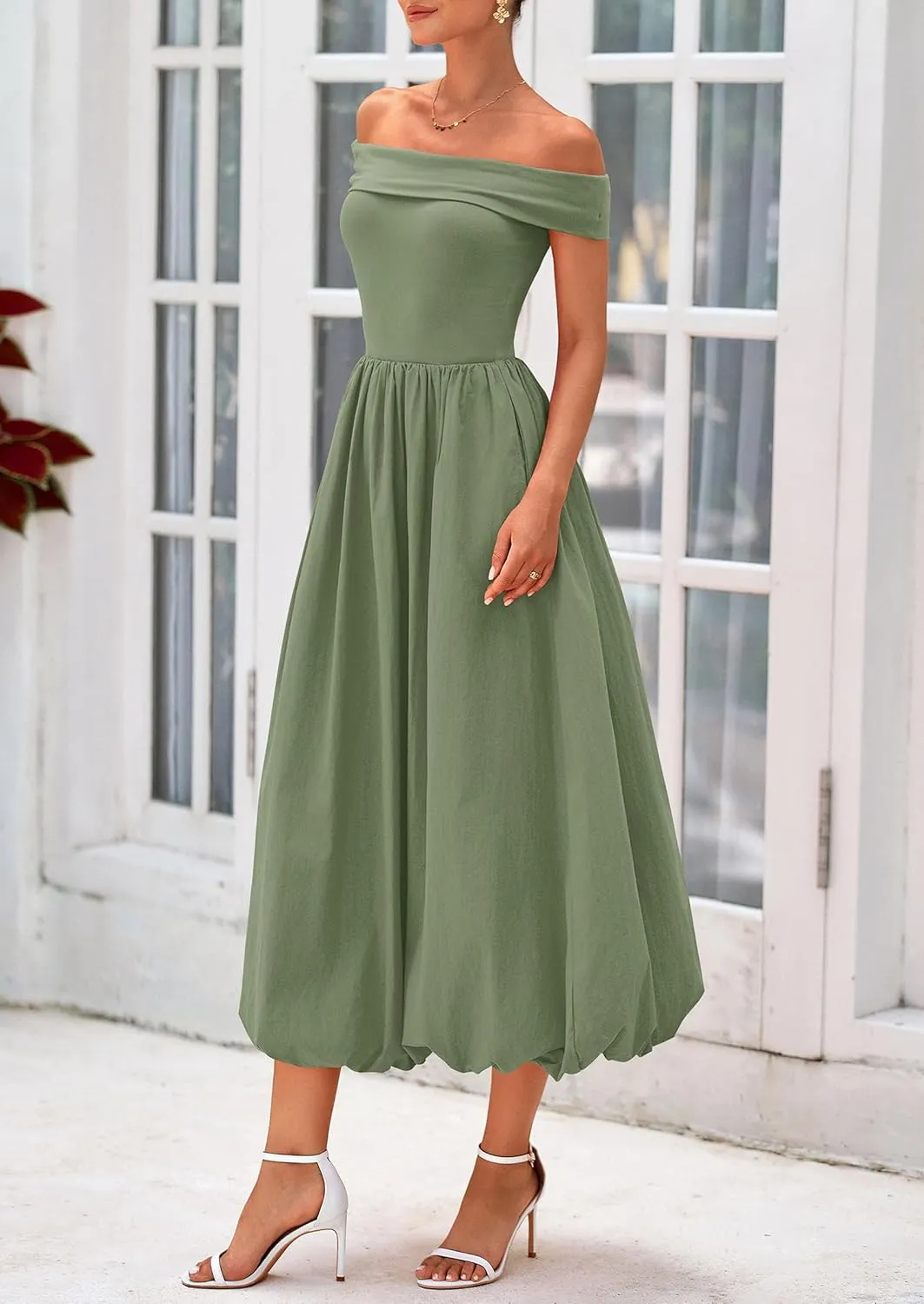 PRETTYGARDEN Womens Summer Off Shoulder Sleeveless Midi Dress Cocktail A Line Flowy Wedding Guest Dresses with Pockets