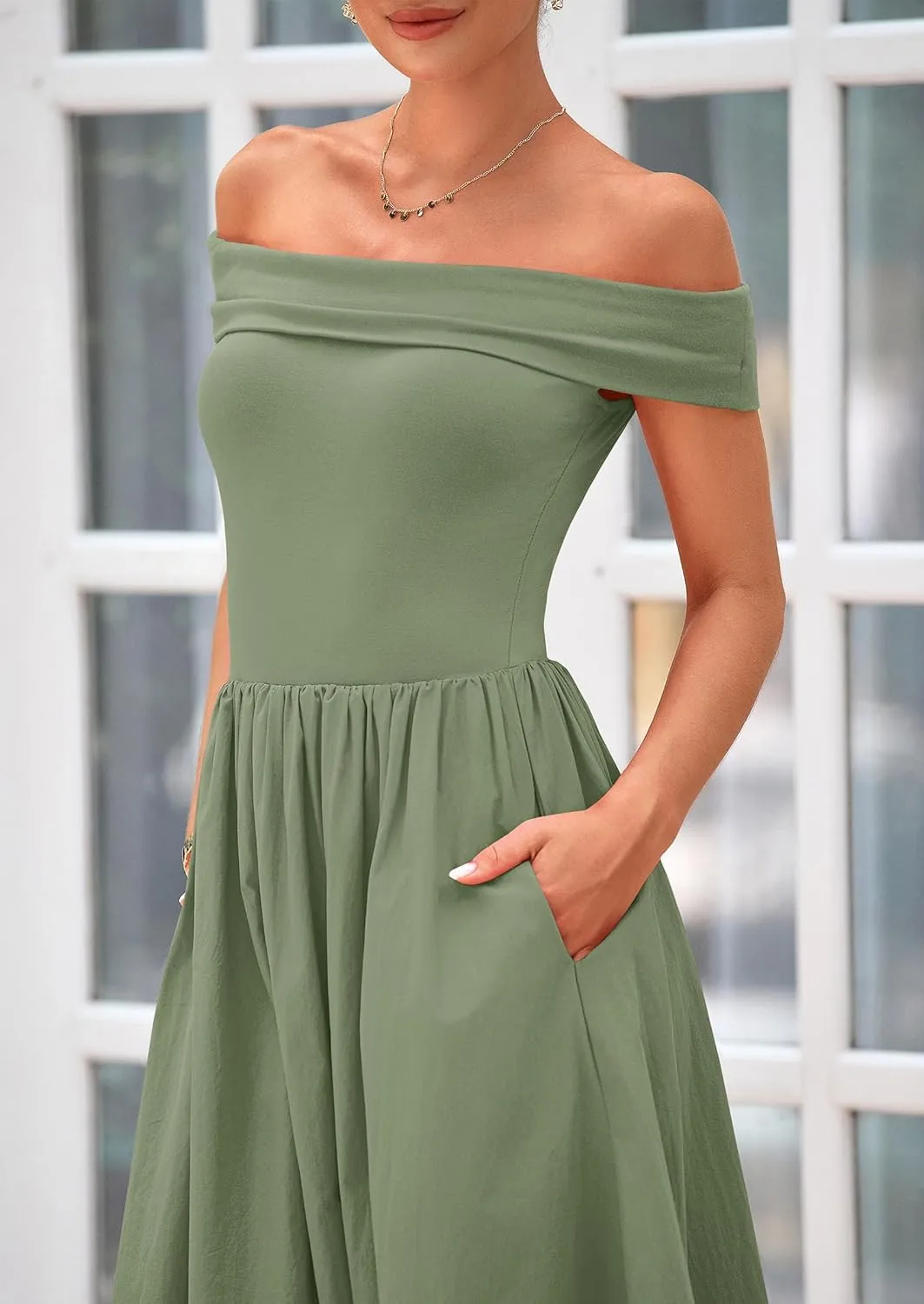 PRETTYGARDEN Womens Summer Off Shoulder Sleeveless Midi Dress Cocktail A Line Flowy Wedding Guest Dresses with Pockets