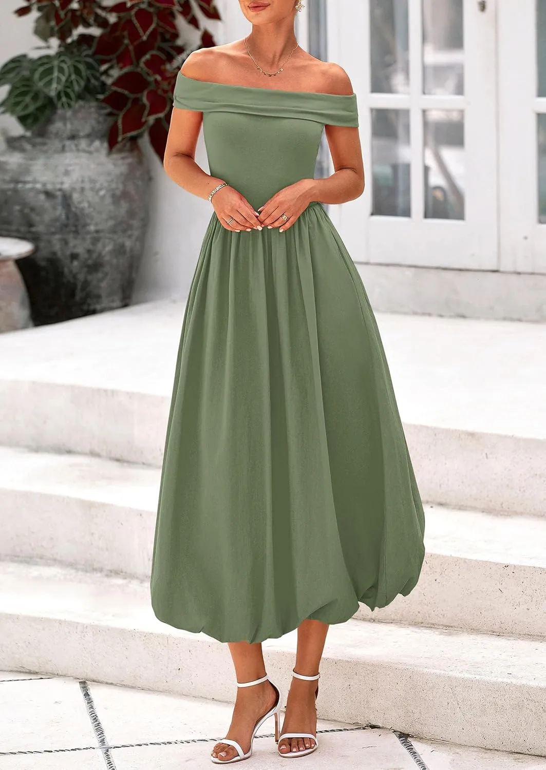 PRETTYGARDEN Womens Summer Off Shoulder Sleeveless Midi Dress Cocktail A Line Flowy Wedding Guest Dresses with Pockets