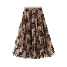 Printed Mesh Women's Mid-length A-line Floral Skirt 771