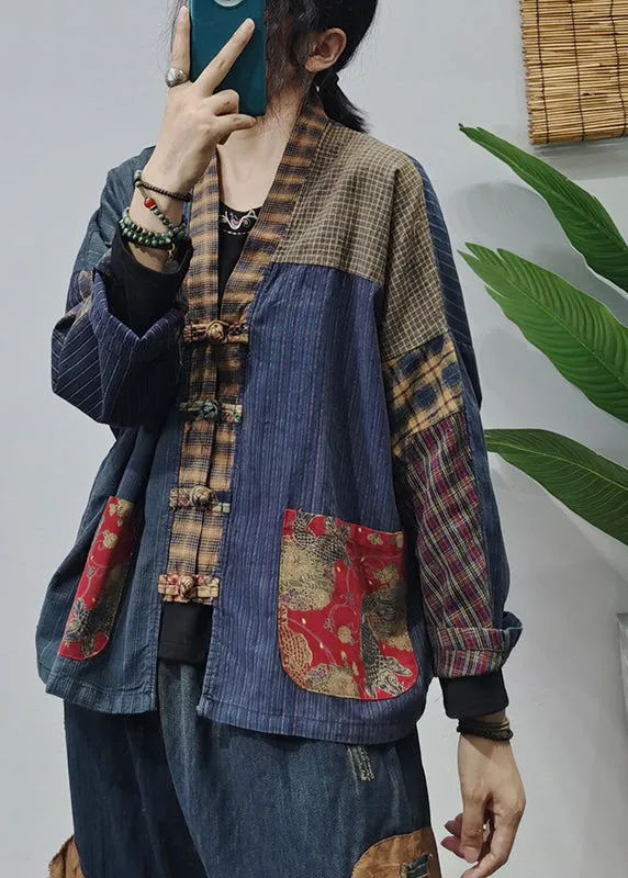 Retro Colorblock V Neck Button Pockets Patchwork Cotton Coat Long Sleeve