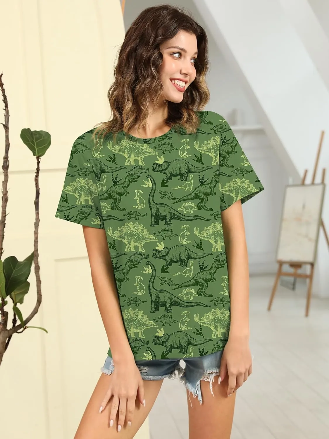 RMCMS Women Dinosaur Shirt Summer Cute Tops Dino Graphic Tees Casual Loose Short Sleeve Blouse