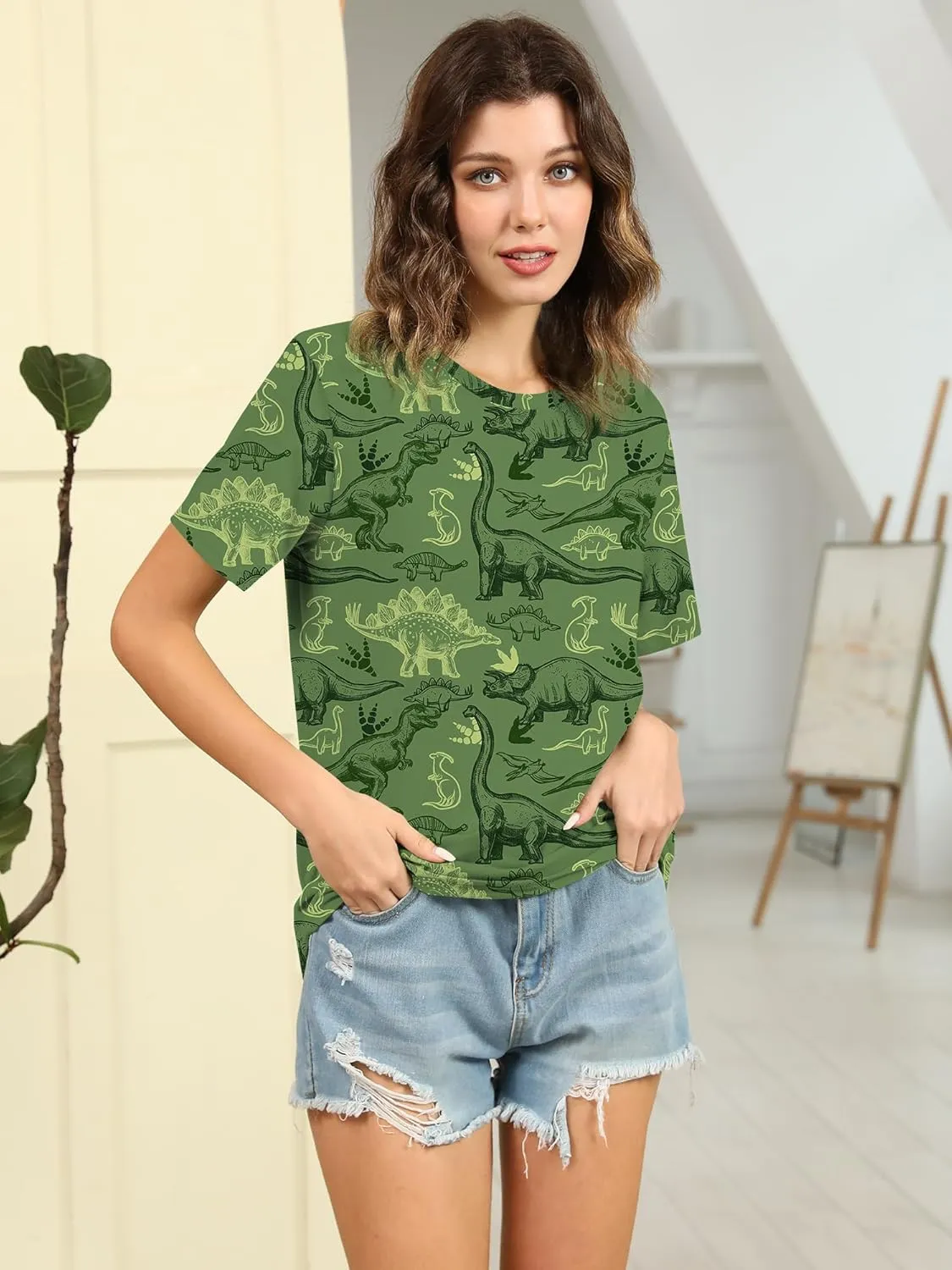 RMCMS Women Dinosaur Shirt Summer Cute Tops Dino Graphic Tees Casual Loose Short Sleeve Blouse
