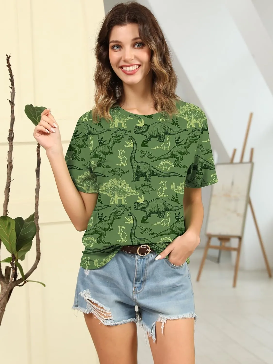 RMCMS Women Dinosaur Shirt Summer Cute Tops Dino Graphic Tees Casual Loose Short Sleeve Blouse