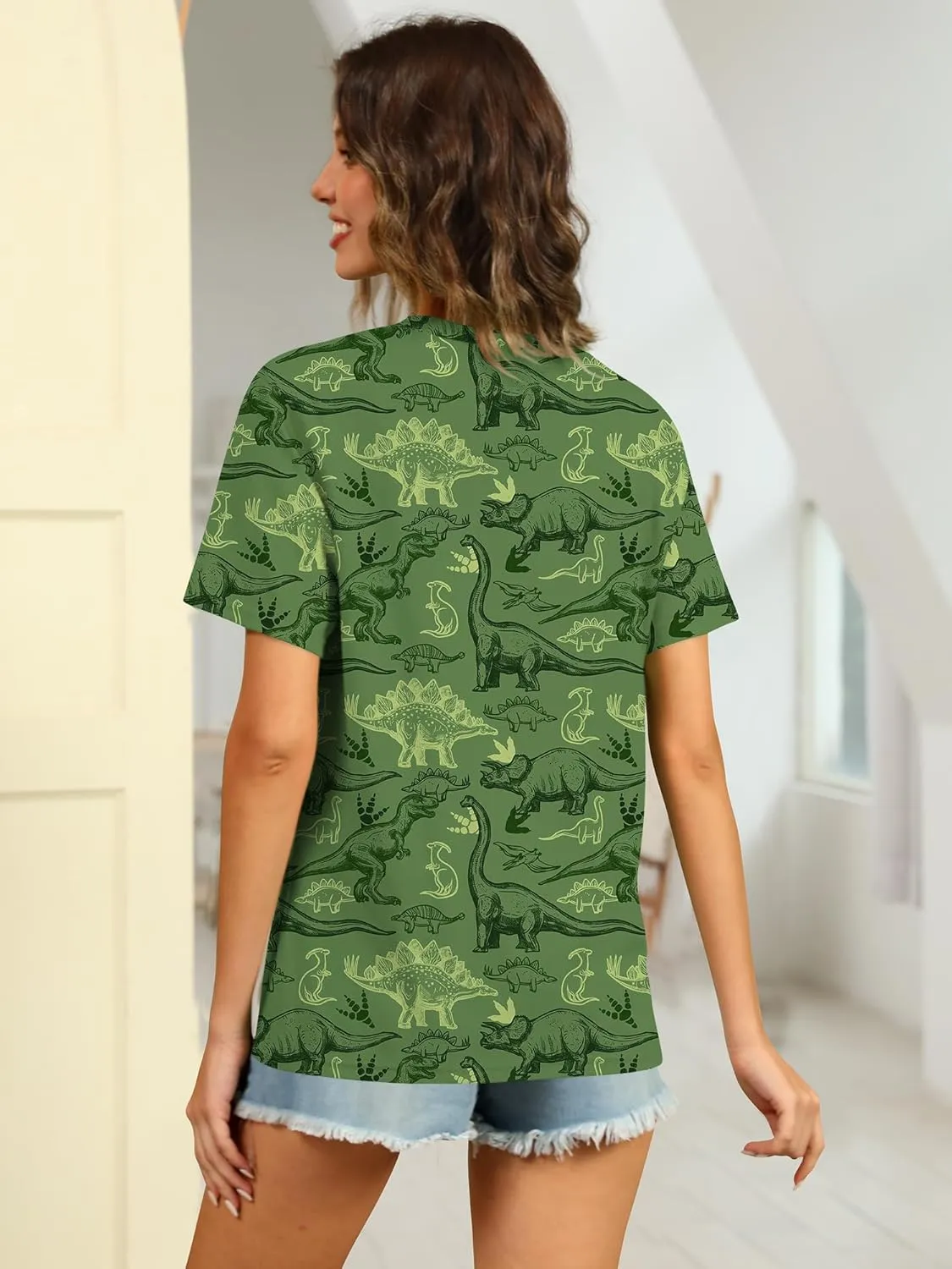 RMCMS Women Dinosaur Shirt Summer Cute Tops Dino Graphic Tees Casual Loose Short Sleeve Blouse