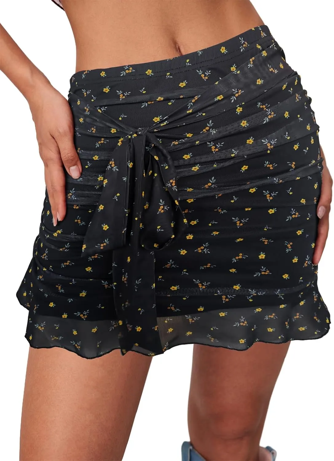 SEBOWEL Women Floral Mesh Mini Skirt Summer Ruffle Layered Sheer See Through Skirt Ruched Wrap Bodycon Sexy Short Skirts
