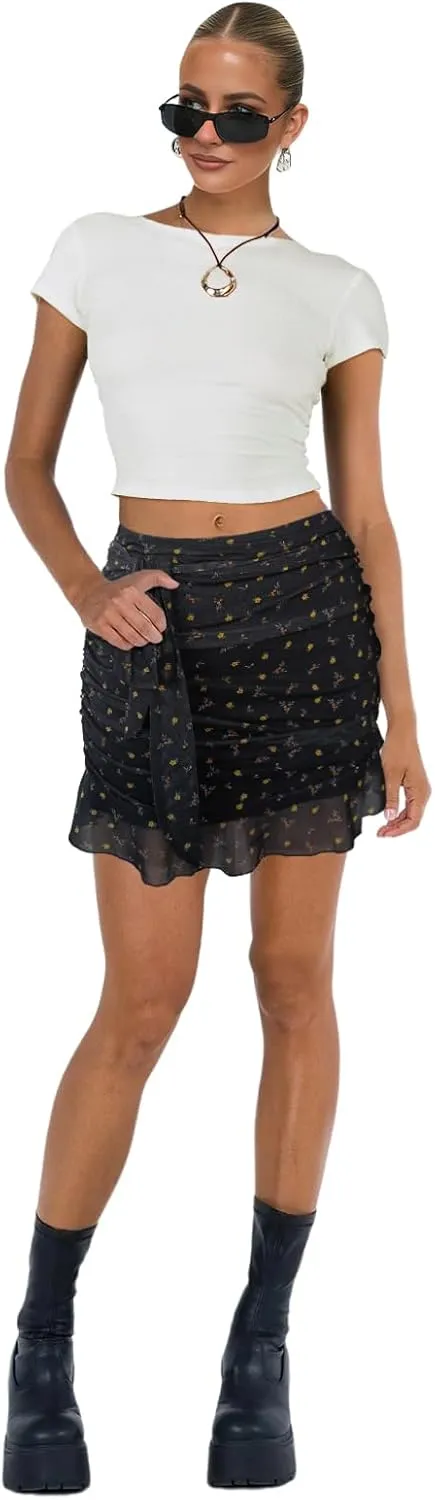 SEBOWEL Women Floral Mesh Mini Skirt Summer Ruffle Layered Sheer See Through Skirt Ruched Wrap Bodycon Sexy Short Skirts