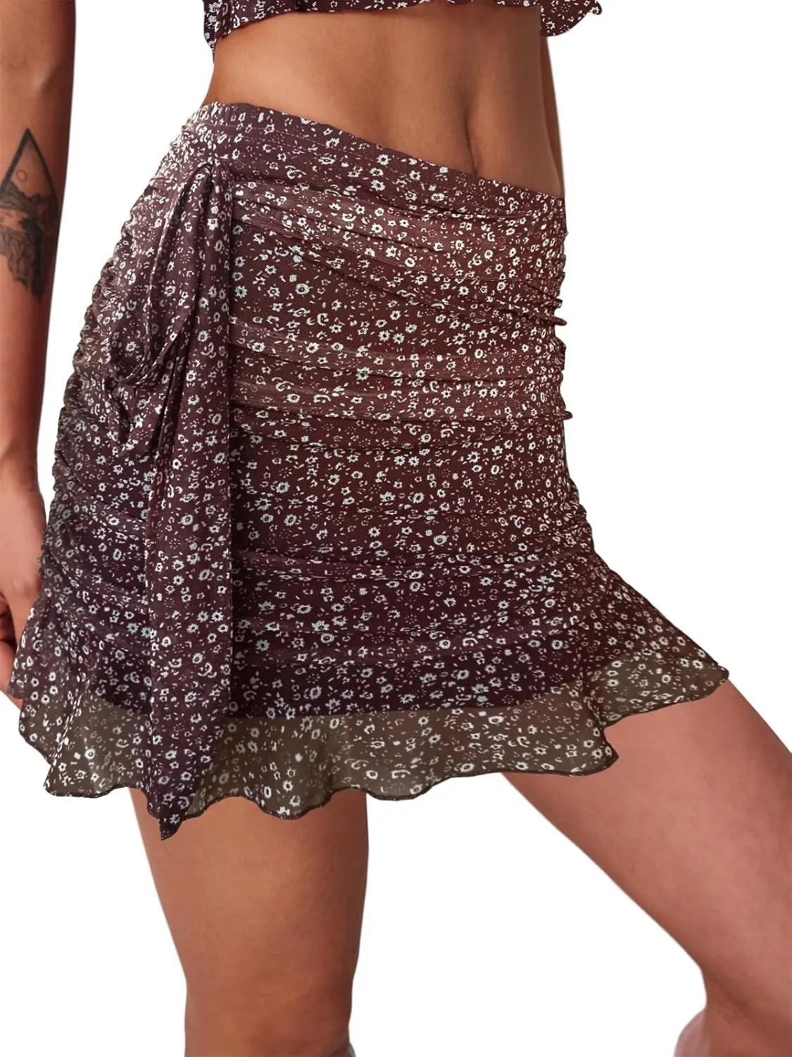SEBOWEL Women Floral Mesh Mini Skirt Summer Ruffle Layered Sheer See Through Skirt Ruched Wrap Bodycon Sexy Short Skirts