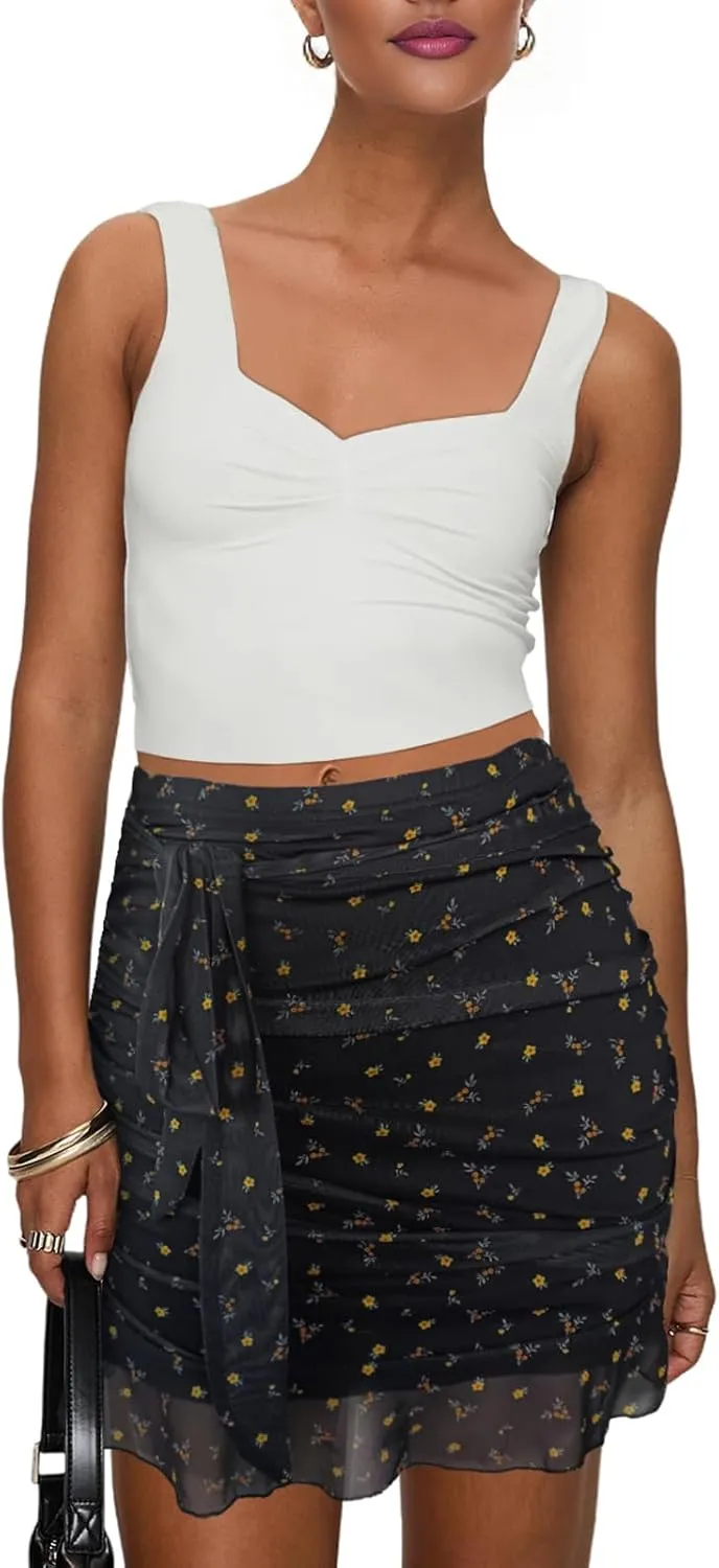 SEBOWEL Women Floral Mesh Mini Skirt Summer Ruffle Layered Sheer See Through Skirt Ruched Wrap Bodycon Sexy Short Skirts