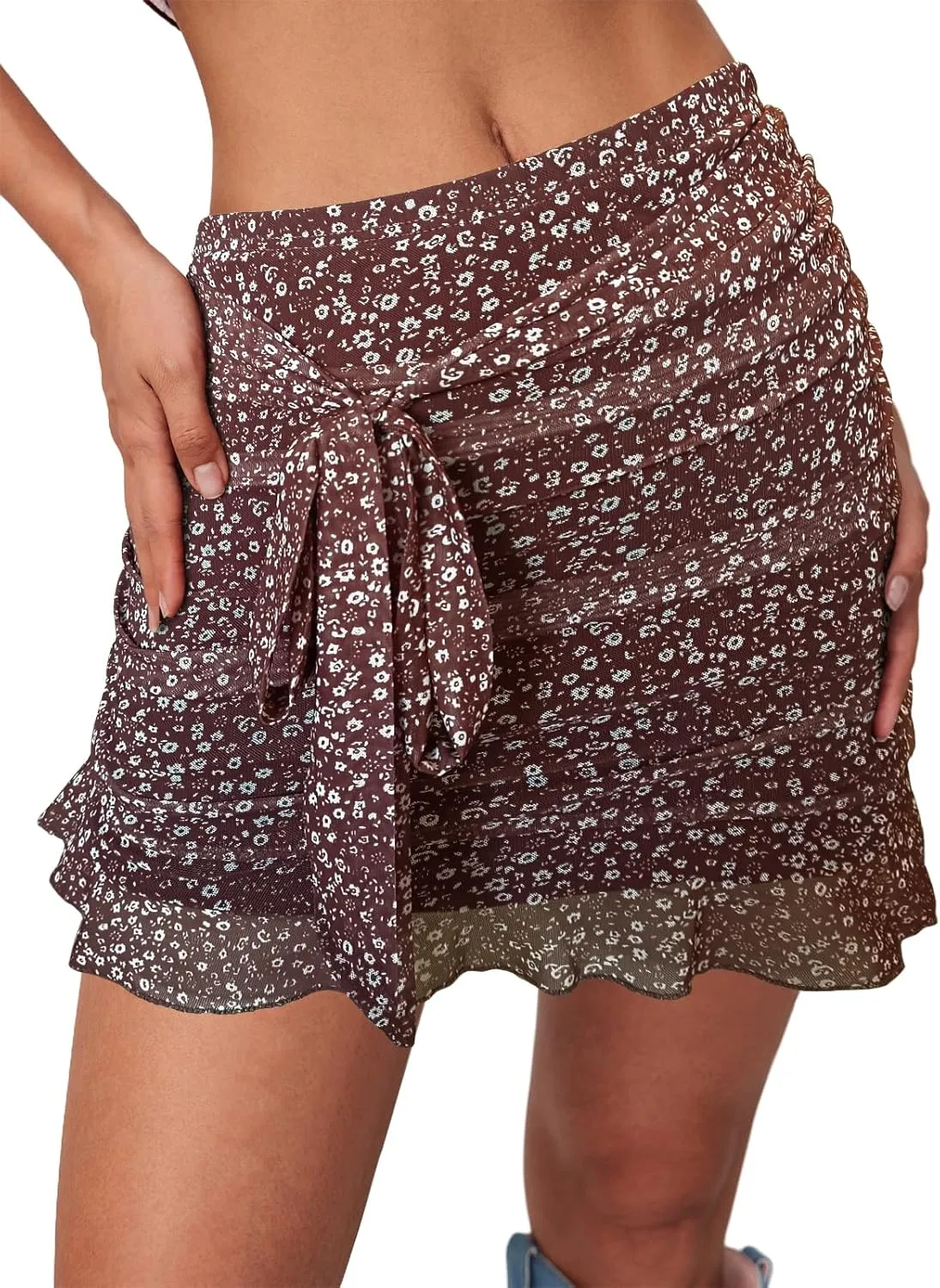 SEBOWEL Women Floral Mesh Mini Skirt Summer Ruffle Layered Sheer See Through Skirt Ruched Wrap Bodycon Sexy Short Skirts