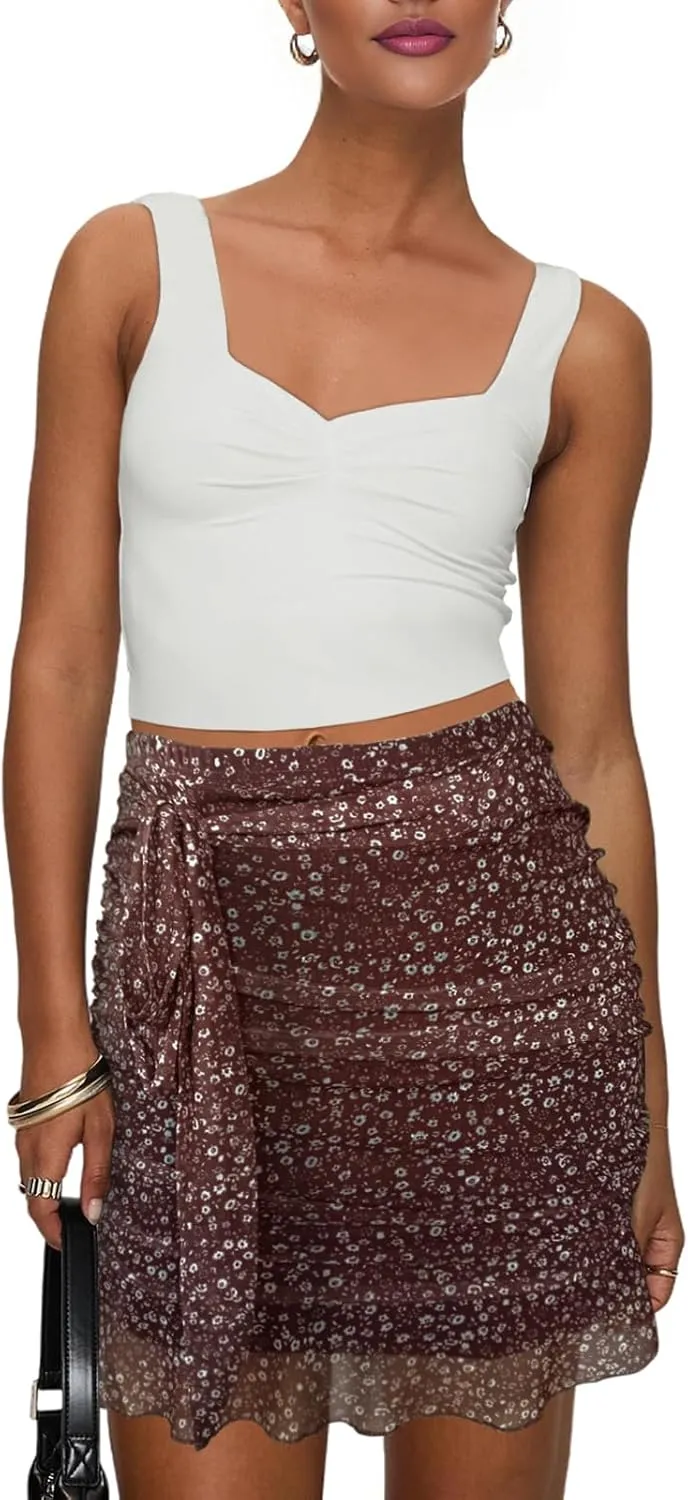 SEBOWEL Women Floral Mesh Mini Skirt Summer Ruffle Layered Sheer See Through Skirt Ruched Wrap Bodycon Sexy Short Skirts