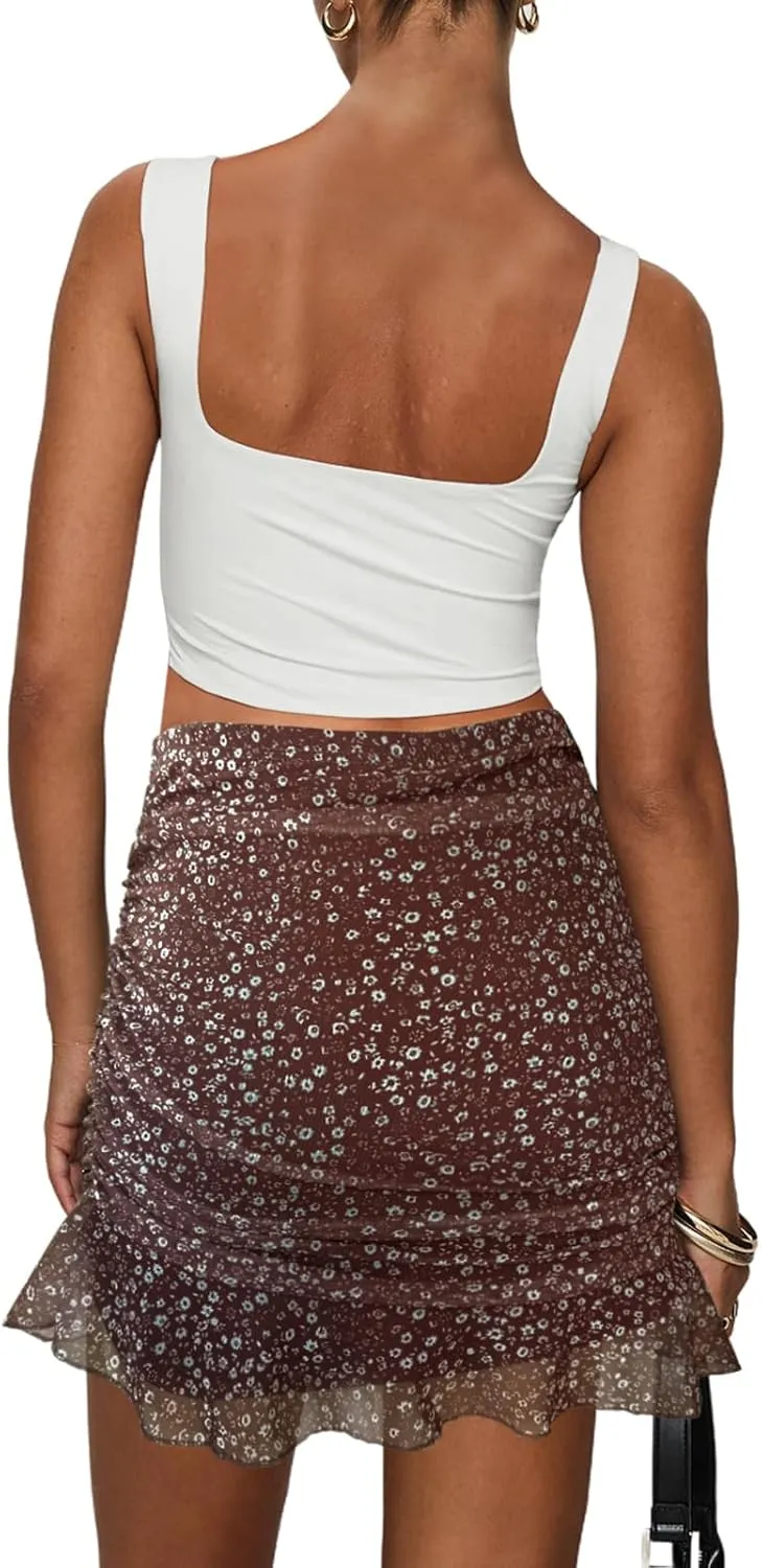 SEBOWEL Women Floral Mesh Mini Skirt Summer Ruffle Layered Sheer See Through Skirt Ruched Wrap Bodycon Sexy Short Skirts