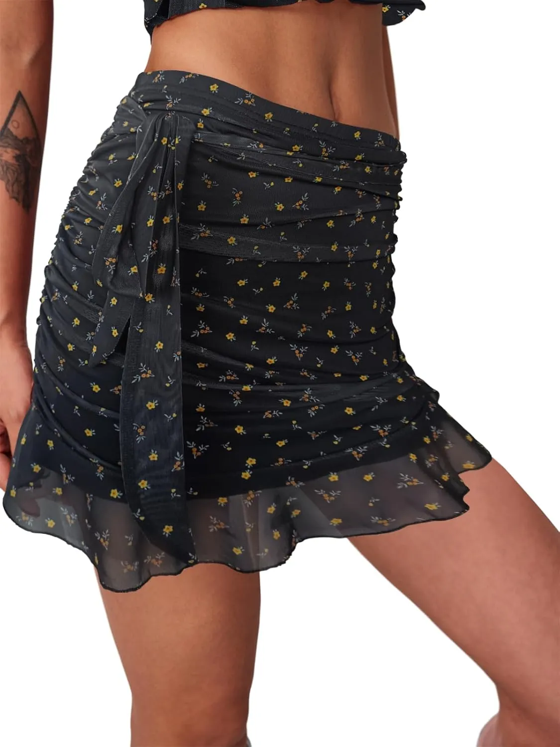 SEBOWEL Women Floral Mesh Mini Skirt Summer Ruffle Layered Sheer See Through Skirt Ruched Wrap Bodycon Sexy Short Skirts