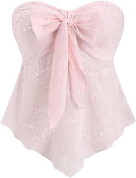 SHENHE Women's Strapless Tube Top Floral Tie Front Asymmetrical Smocked Boho Crop Top