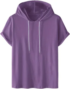 Short Sleeve Hoodies for Men Summer Athletic Loose Fit Stretch Drawstring T Shirt Lightweight Solid Color Pullover