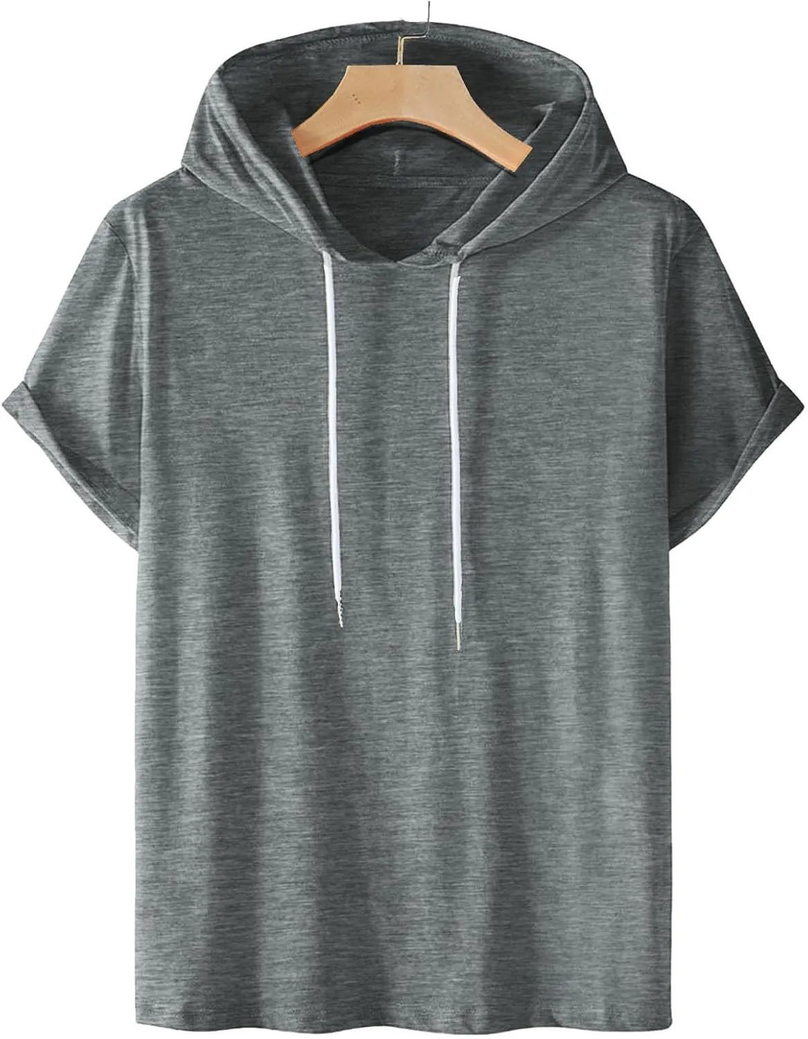Short Sleeve Hoodies for Men Summer Athletic Loose Fit Stretch Drawstring T Shirt Lightweight Solid Color Pullover