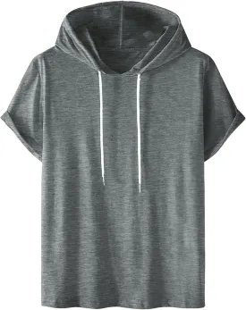 Short Sleeve Hoodies for Men Summer Athletic Loose Fit Stretch Drawstring T Shirt Lightweight Solid Color Pullover