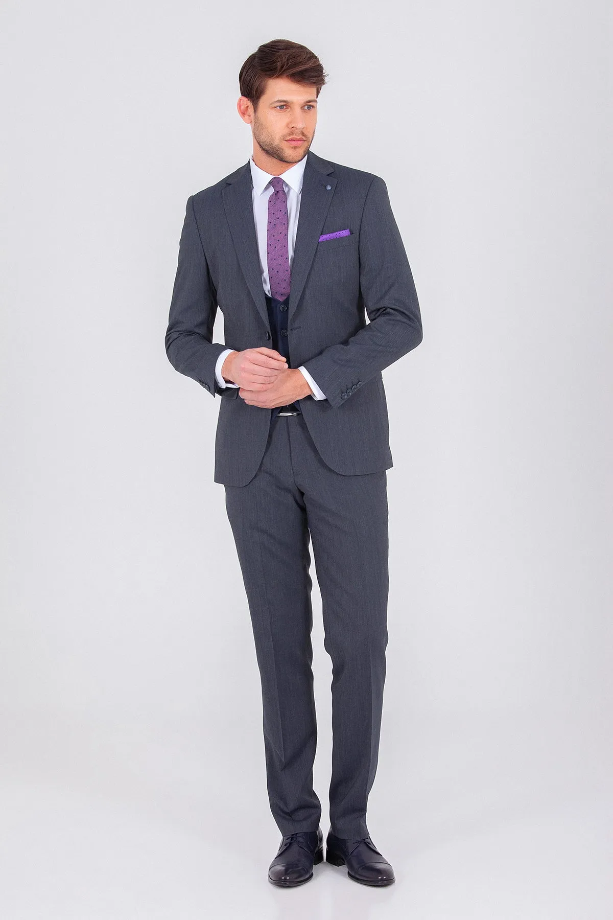 Slim Fit Light Navy Wool Blend Casual Suit with Vest