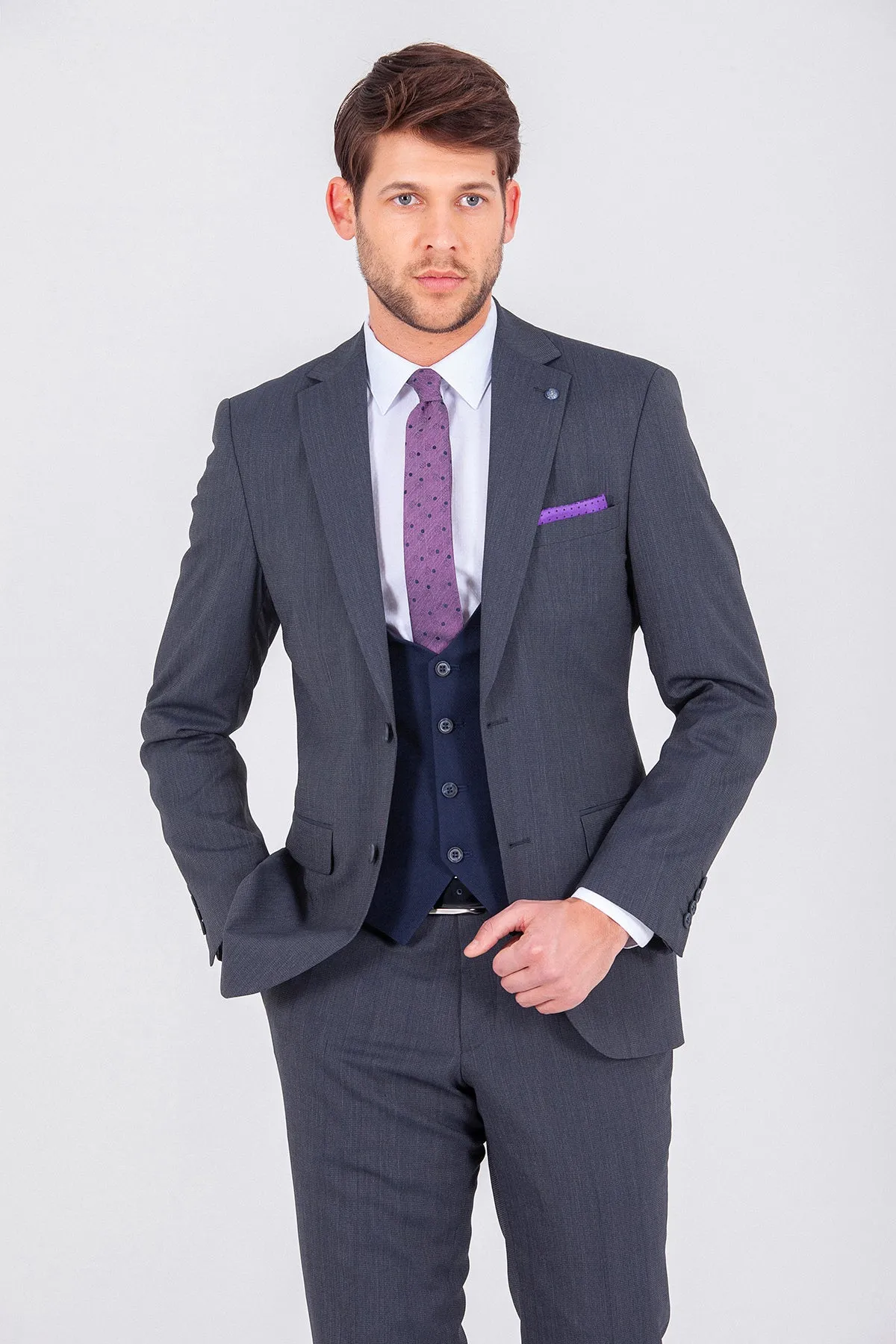Slim Fit Light Navy Wool Blend Casual Suit with Vest