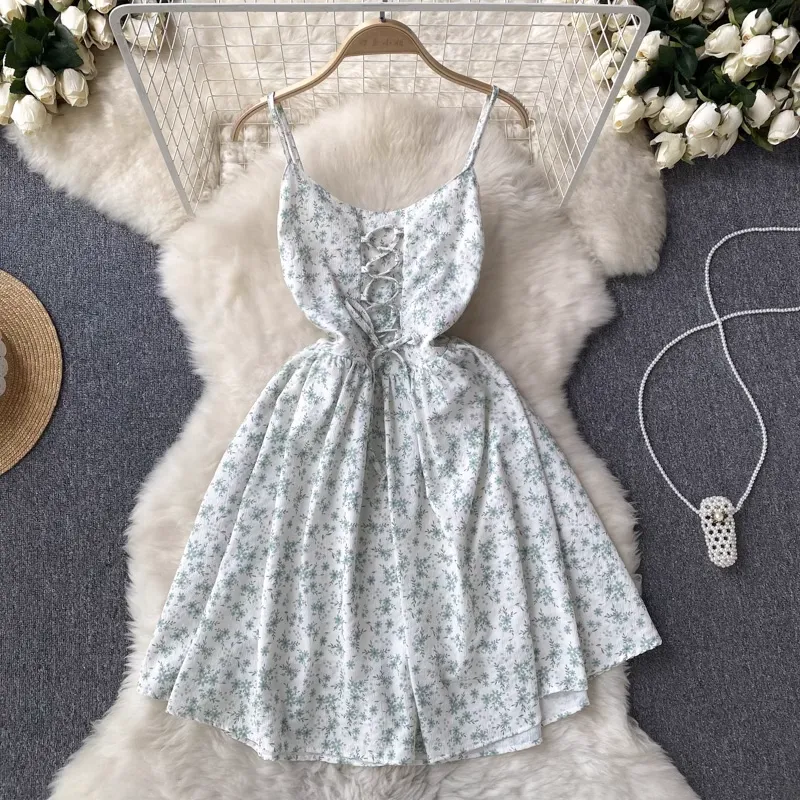 Summer Floral Suspender Dress Women Sweet Fairy A line Skirt 1173