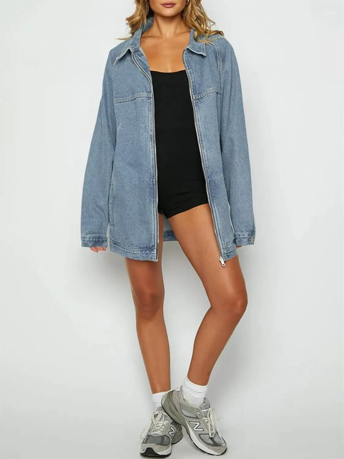 Tankaneo Womens Oversized Denim Jackets Casual Zip up Spring Long Sleeve Jean Jacket with Pocket