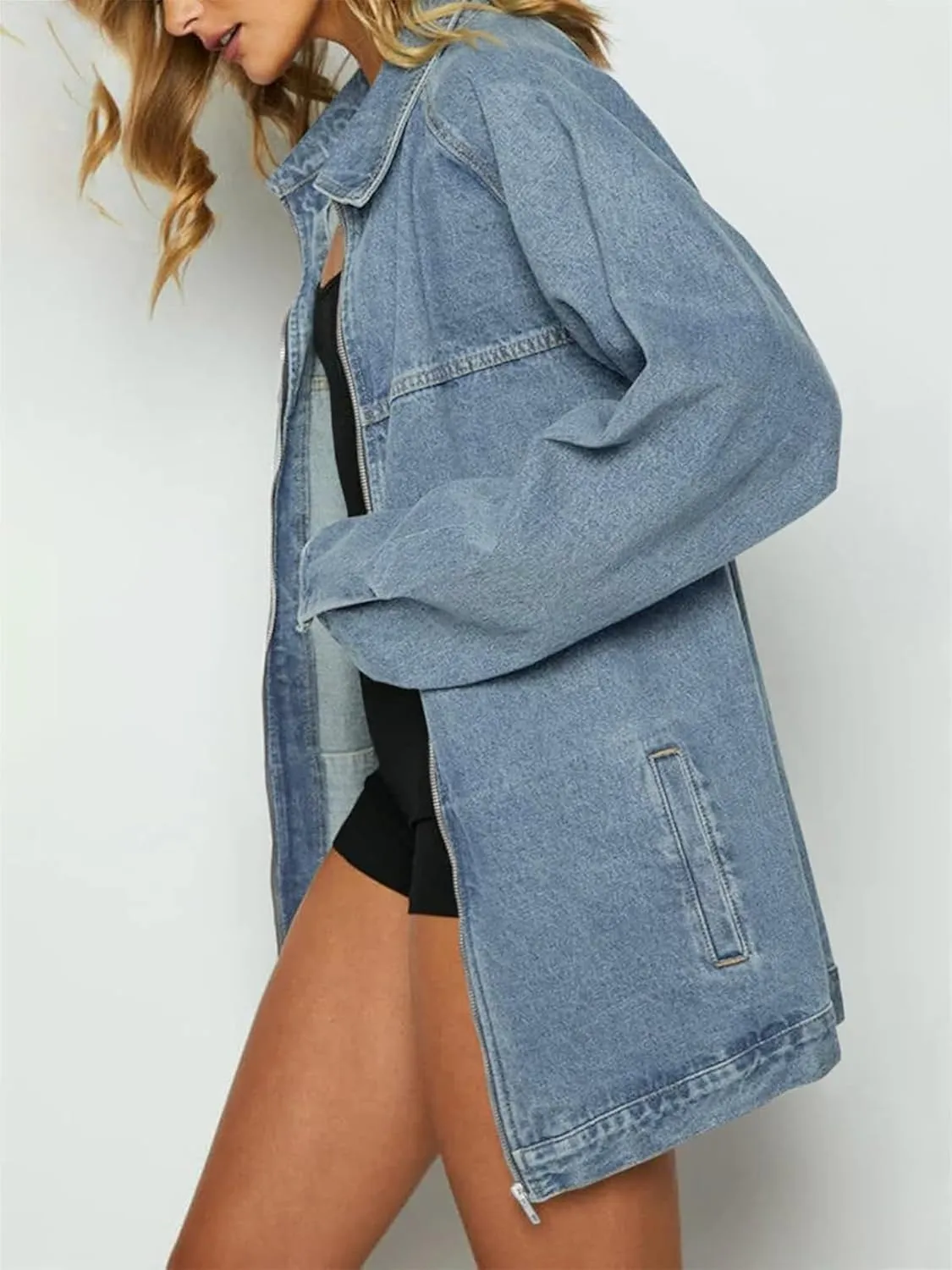 Tankaneo Womens Oversized Denim Jackets Casual Zip up Spring Long Sleeve Jean Jacket with Pocket