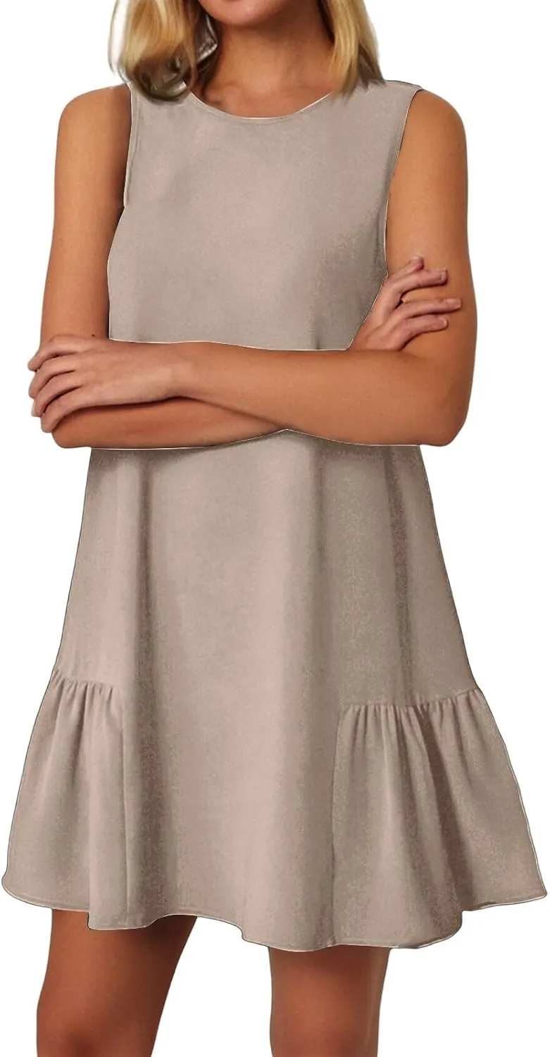 Tshirt Dress Women Summer Sleeveless Ruffle Hem Mini Dress Casual Crewneck T Shirt Dresses Plain Sundresses 2025
