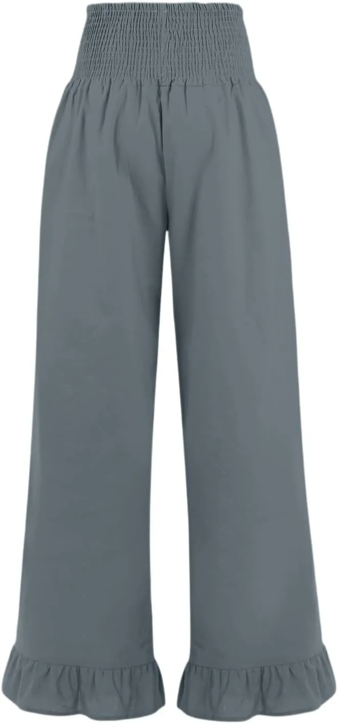 Wide Leg Linen Pants for Women Smocked Elastic High Waisted Ruffle Hem Palazzo Pants Casual Drawstring Beach Trousers