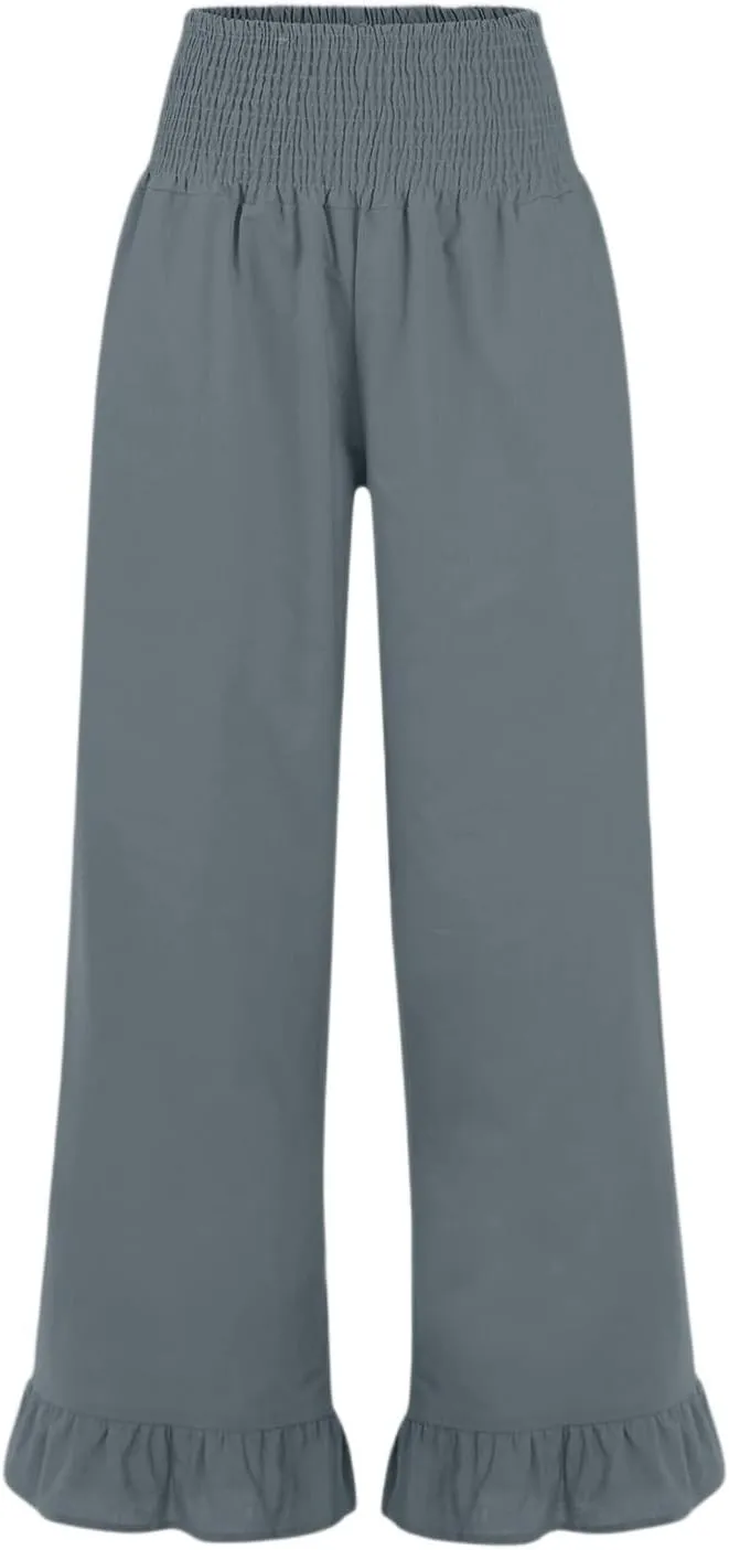 Wide Leg Linen Pants for Women Smocked Elastic High Waisted Ruffle Hem Palazzo Pants Casual Drawstring Beach Trousers