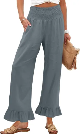 Wide Leg Linen Pants for Women Smocked Elastic High Waisted Ruffle Hem Palazzo Pants Casual Drawstring Beach Trousers