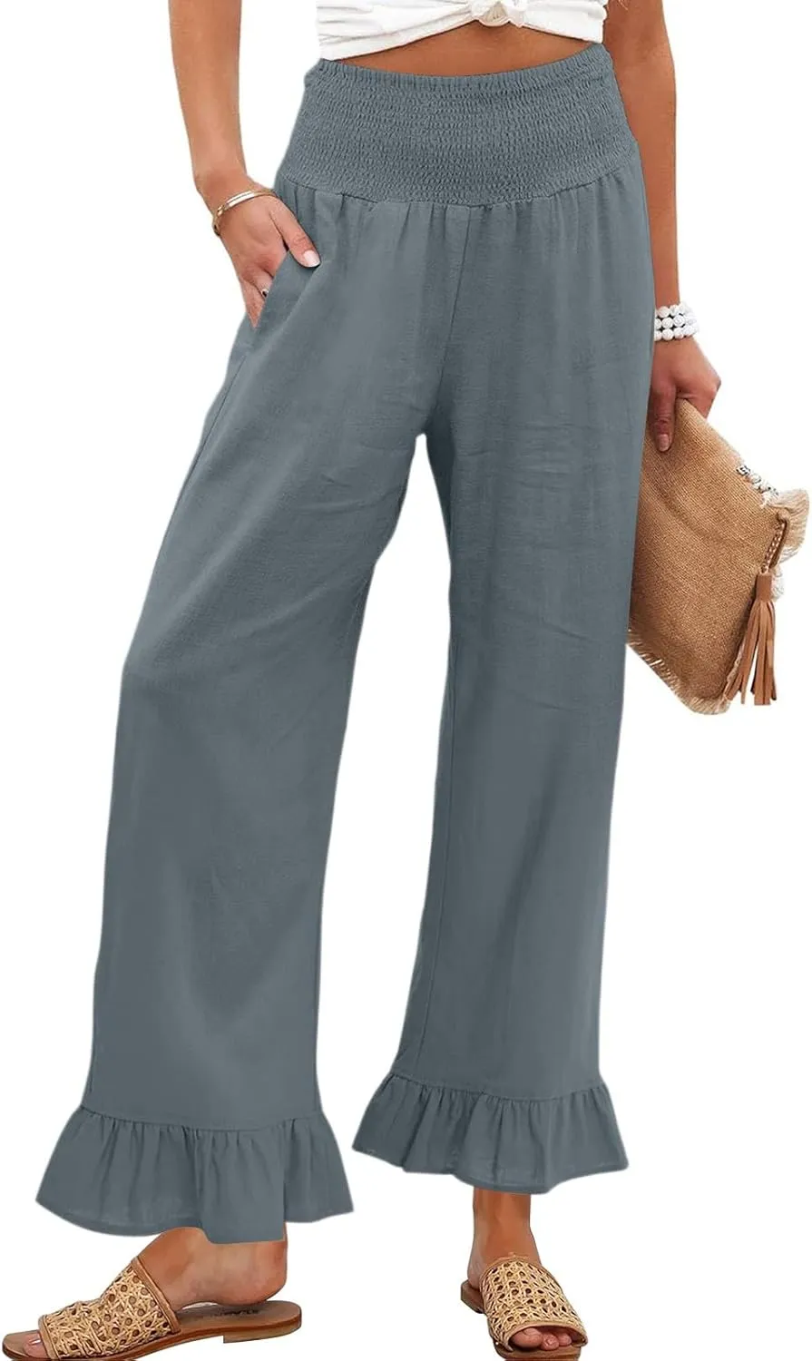 Wide Leg Linen Pants for Women Smocked Elastic High Waisted Ruffle Hem Palazzo Pants Casual Drawstring Beach Trousers