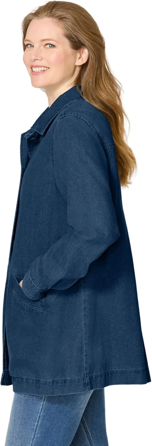 Woman Within Plus Size Pleat-Back Denim Jacket Long Oversized Jean Coat