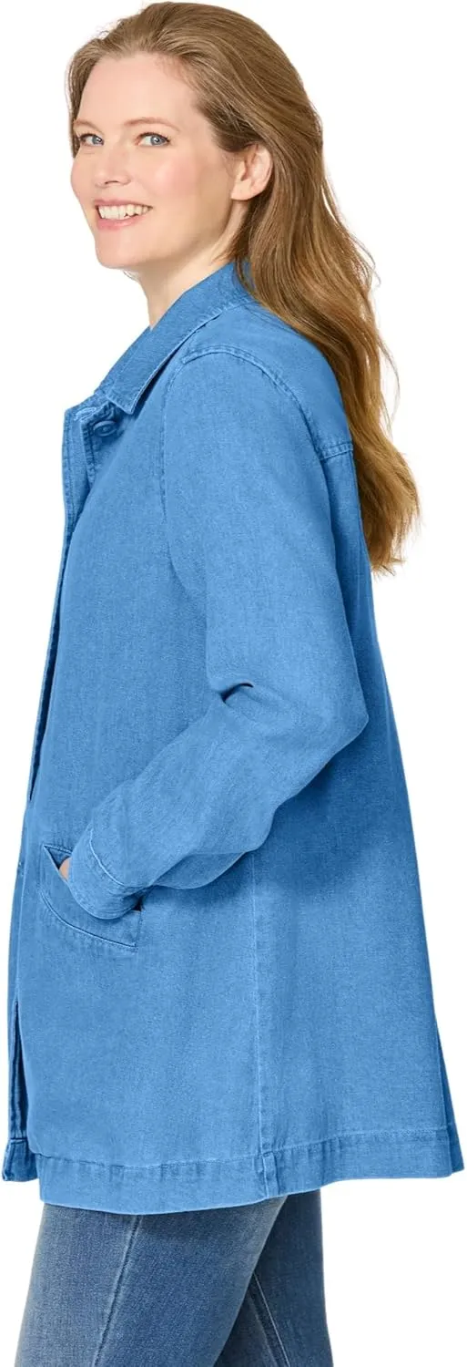 Woman Within Plus Size Pleat-Back Denim Jacket Long Oversized Jean Coat