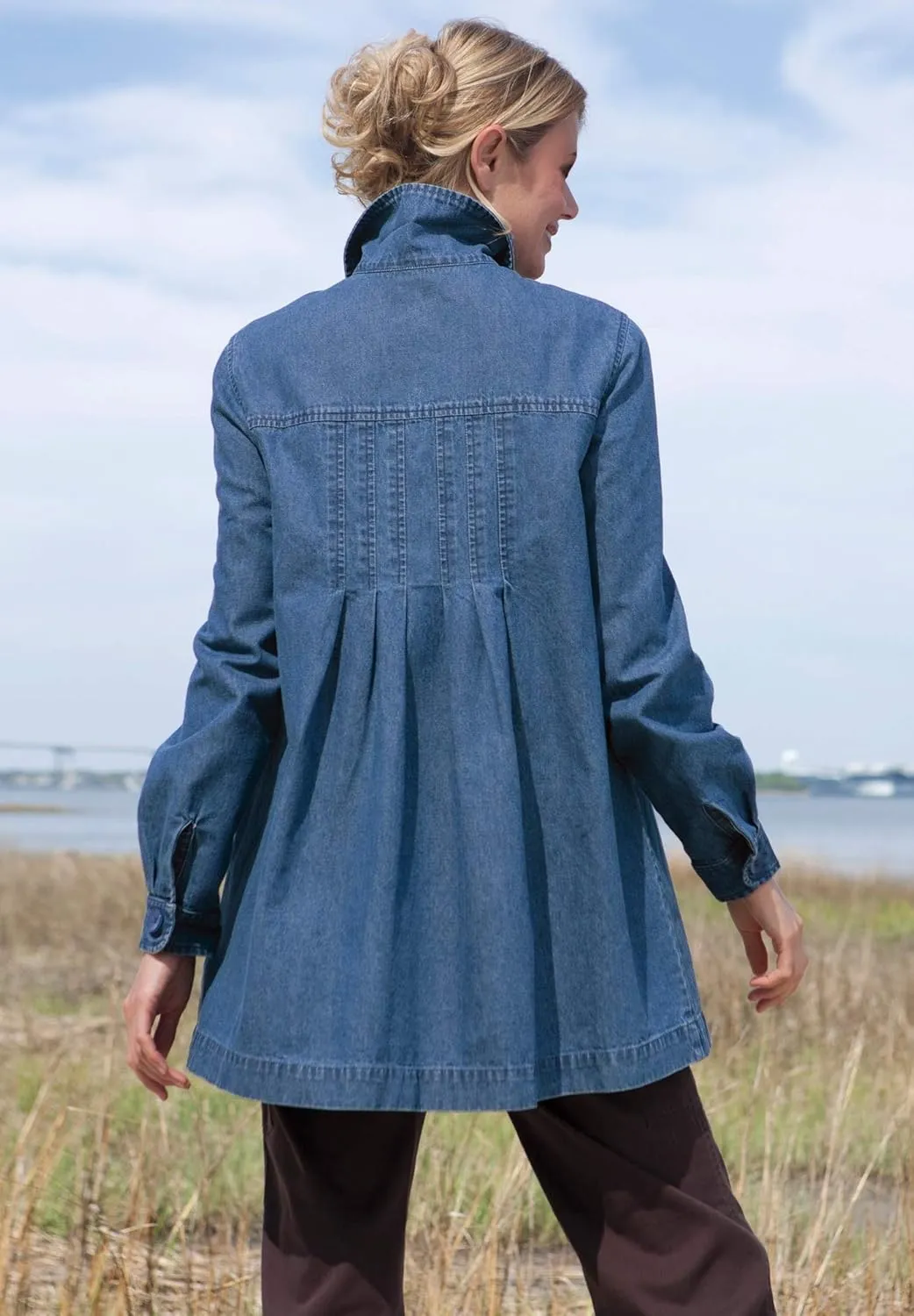 Woman Within Plus Size Pleat-Back Denim Jacket Long Oversized Jean Coat