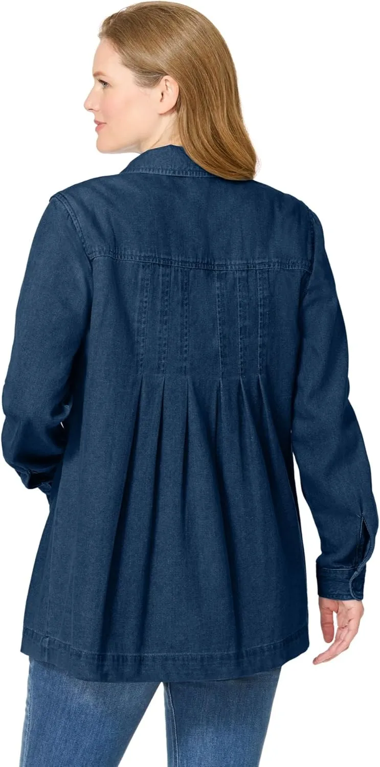 Woman Within Plus Size Pleat-Back Denim Jacket Long Oversized Jean Coat