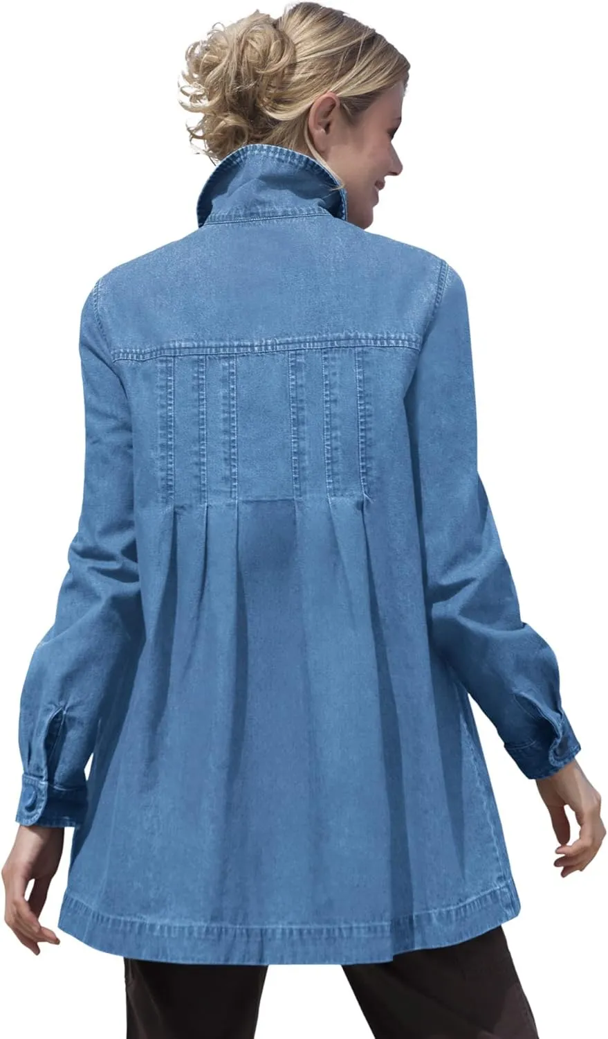 Woman Within Plus Size Pleat-Back Denim Jacket Long Oversized Jean Coat