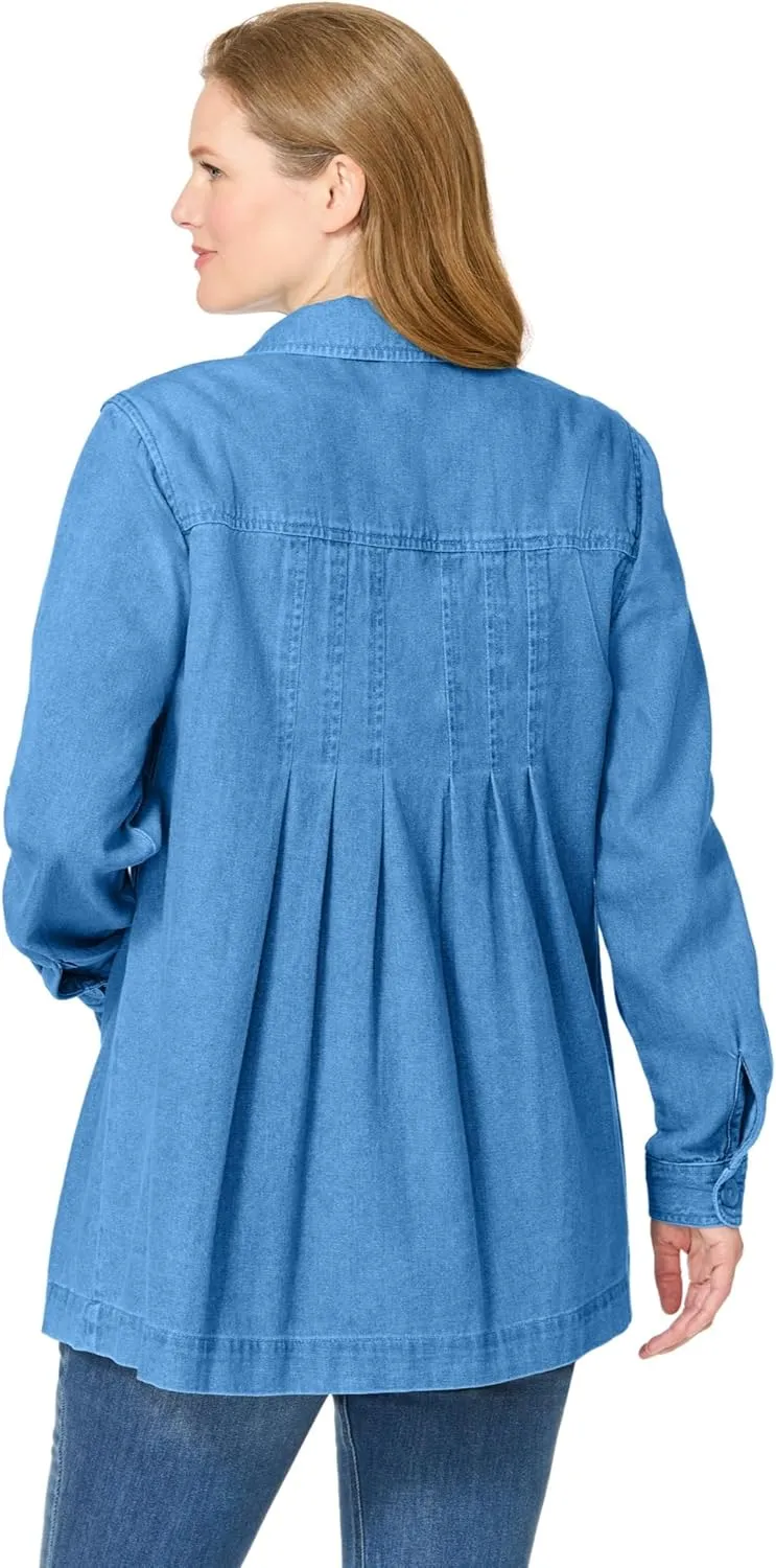 Woman Within Plus Size Pleat-Back Denim Jacket Long Oversized Jean Coat