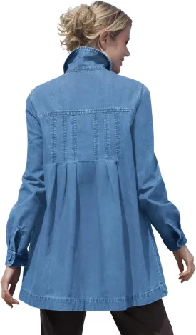 Woman Within Plus Size Pleat-Back Denim Jacket Long Oversized Jean Coat