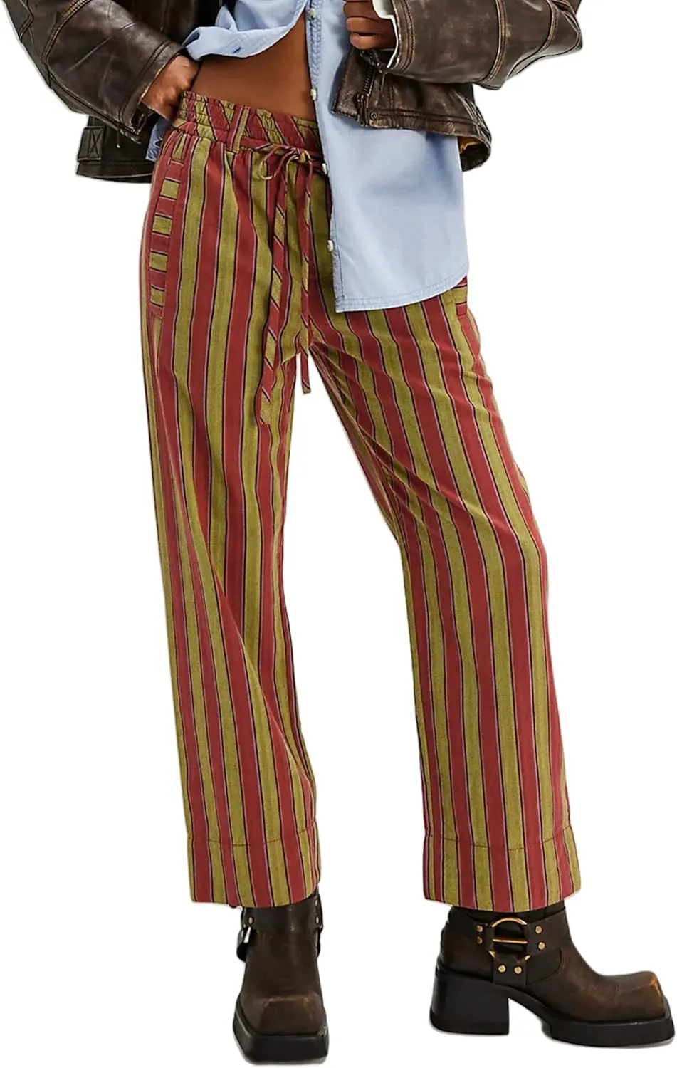 Women Casual Drawstring Elastic Waist Loose Wide Leg Striped Pants with Pockets