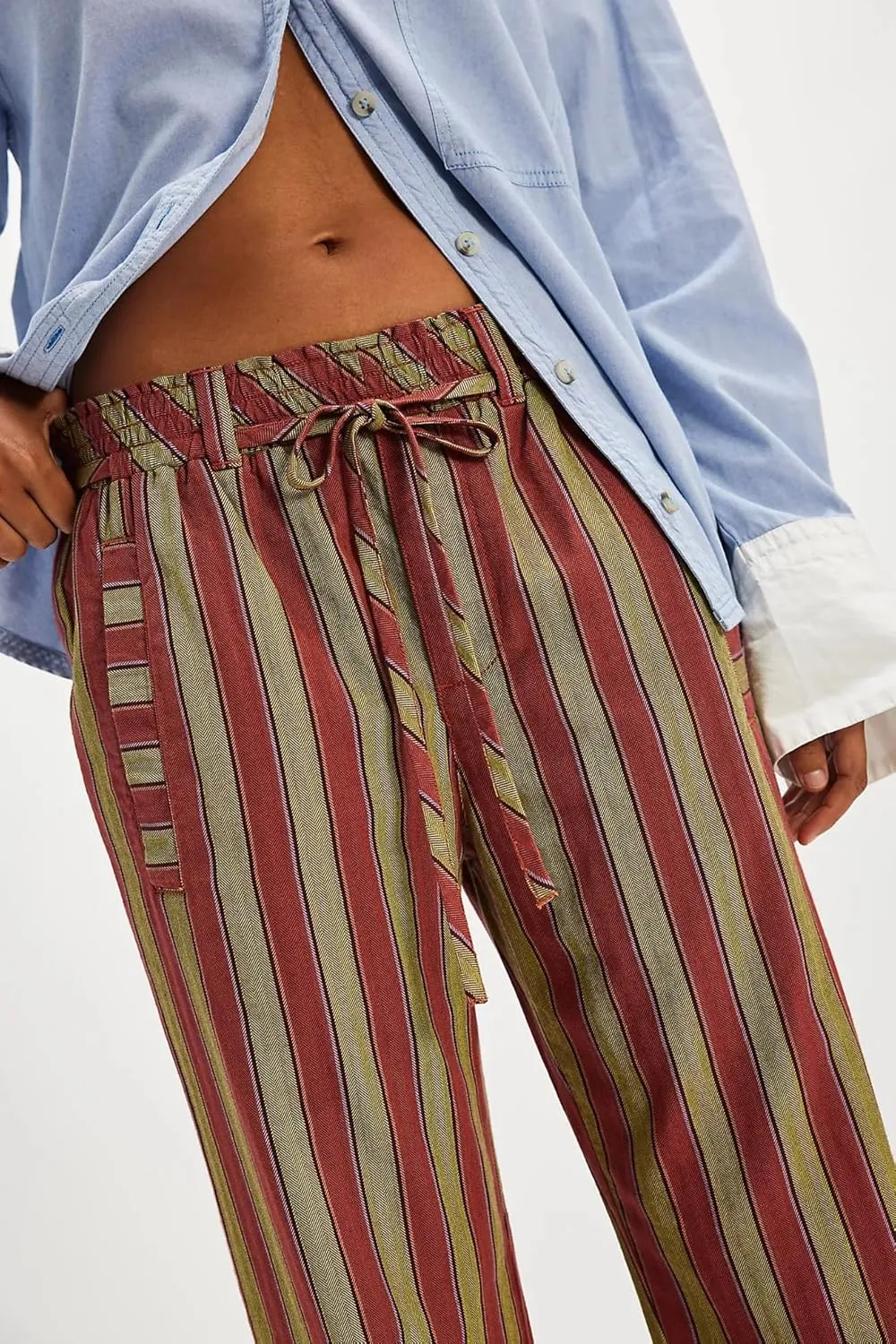 Women Casual Drawstring Elastic Waist Loose Wide Leg Striped Pants with Pockets