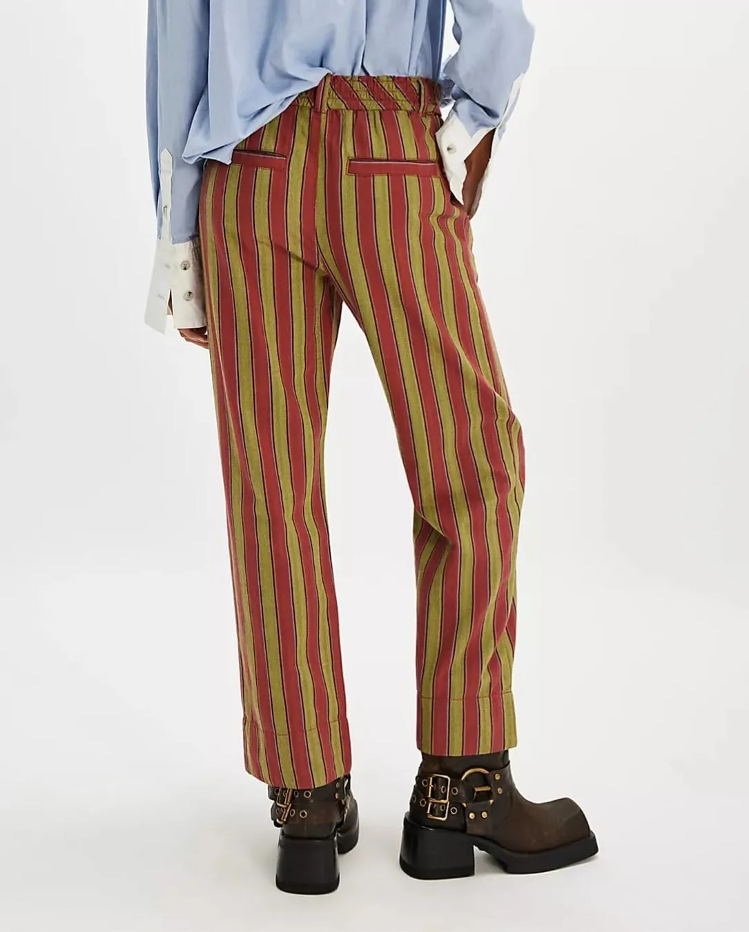 Women Casual Drawstring Elastic Waist Loose Wide Leg Striped Pants with Pockets