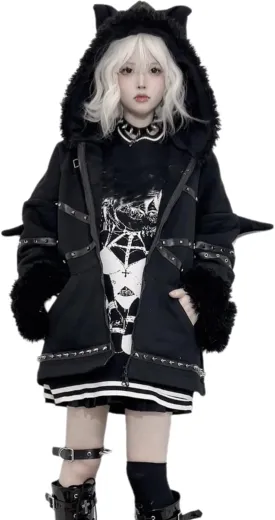 Women Punk Gothic Black Bat Devil Wings Rivet Hooded Zipper Hoodie Harajuku Loose Long Sleeve Sweatshirt Jacket